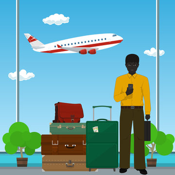 African American Man with Luggage against the Background of a Take-off Airplane at the Airport , Business Tourism , Vector Illustration