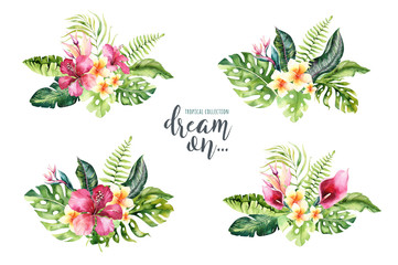 Naklejka premium Hand drawn watercolor tropical flower bouquets. Exotic palm leaves, jungle tree, brazil tropic botany elements and flowers. Perfect for fabric design. Aloha design