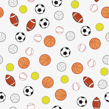 Sports Balls (baseball, basketball, tennis ball, volleyball, rugby, soccer ball) seamless pattern Illustration vector