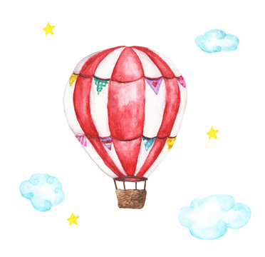 Watercolor hot air balloon, clouds and star illustrations isolated on white background. Hand drawn vintage air balloon flying in the sky.