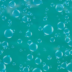 Realistic drops pure, clear water on blue background.
