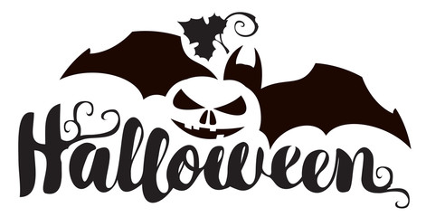 Obraz premium Happy Halloween black and white lettering with pumpkin and bat. Vector calligraphic inscription for banner, poster, greeting card, party invitation.