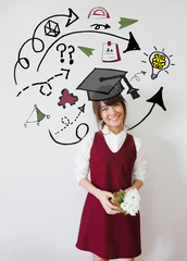 Education and graduation Concept. Beautiful woman college student holding her books smiling happily with education and learning illustration doodles background