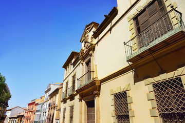 Classic apartment buildings with balcony and colorful paint wall