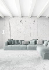 White bedroom or livingroom minimal style interior design with stylish wall and sofa. 3D Rendering. Conept of show room
