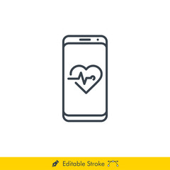 Heart Rate (Pulse) Monitor in a Smartphone Icon / Vector - In Line / Stroke Design with Editable Stroke