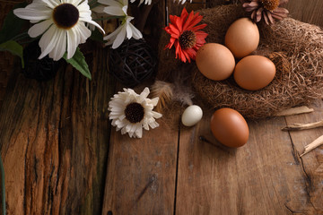 studio shot of eggs on a vintage wooden background.