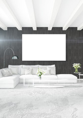 White bedroom or livingroom minimal style interior design with stylish wall and sofa. 3D Rendering. Conept of show room