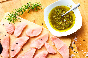 meat with marinade and herbs - obrazy, fototapety, plakaty