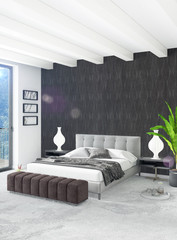 White bedroom or livingroom minimal style interior design with stylish wall and sofa. 3D Rendering. Conept of show room