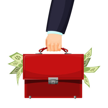 Man Holding Red Budget Briefcase Filled With Money Vector Illustration