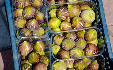 figs in plastic crates on market for sale 