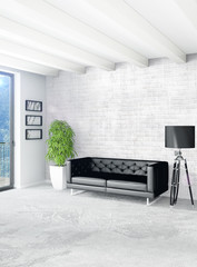 White bedroom or livingroom minimal style interior design with stylish wall and sofa. 3D Rendering. Conept of show room