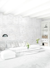 White bedroom or livingroom minimal style interior design with stylish wall and sofa. 3D Rendering. Conept of show room