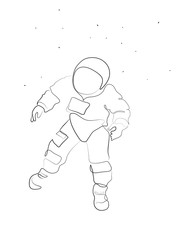 A Simple, Minimal Line Drawing With an Astronaut in Space Floating Around the Background of Stars in Outer Space.
