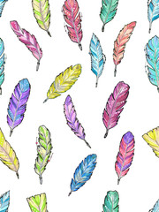 Seamless pattern with watercolor feathers.