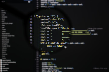 Real c / c++ code developing screen. Programing workflow abstract algorithm concept. Lines of c /...
