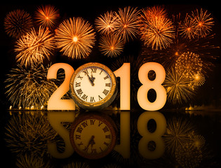 new year 2018 fireworks with clock face