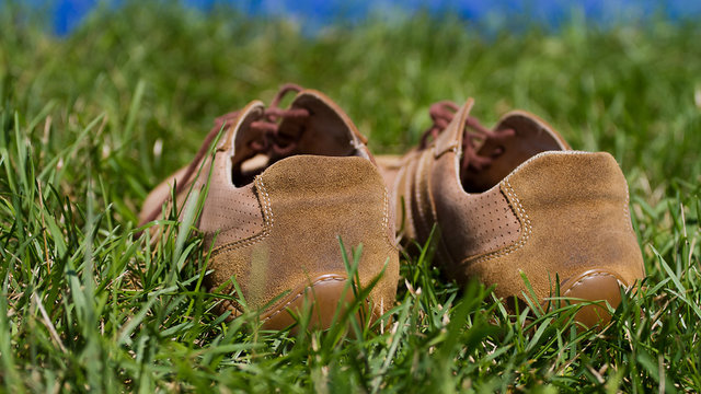  Sports gym shoes on a green grass