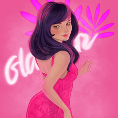 Illustration with beautiful woman. Girl in a pink cocktail dress. Sexy girl.
