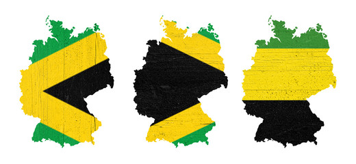 Maps of Germany in textured wooden plates painted with the colors of Jamaica (black, green and...