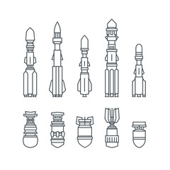 Set of Military Missiles and Ammunition,Silhouette Offensive Missiles Carrying Warheads, Black and White Vector Illustration