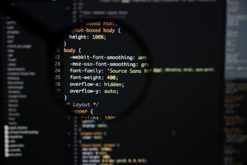 Real css code developing screen. Programing workflow abstract algorithm concept. Lines of css code...