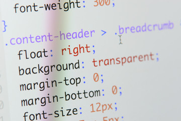 Real css code developing screen. Programing workflow abstract algorithm concept. Lines of css code visible.