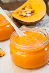 Organic pumpkin puree. Dietary dish. Baby food.