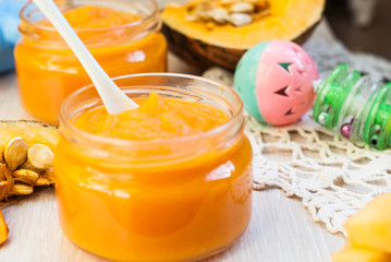 Organic pumpkin puree. Dietary dish. Baby food.