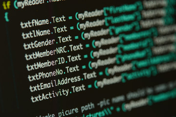 Real c# code developing screen. Programing workflow abstract algorithm concept. Lines of c# code visible.
