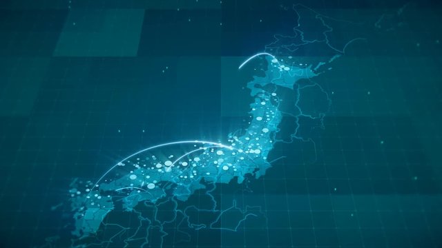 This animated blue Japan map with connections between important centers of cities or other indicators. Perfect For: hi-tech promotion, dynamic slideshows,, trailers, sci-fi openers and etc.