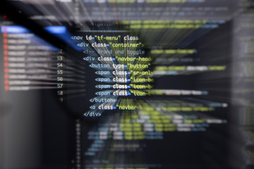 Real Html code developing screen. Programing workflow abstract algorithm concept. Lines of Html...