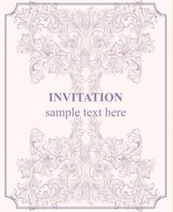 Luxury invitation card Vector. Royal victorian pattern ornament. Rich rococo backgrounds. Pale lavender colors