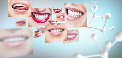 Collage of healthy teeth with big molecule chain.