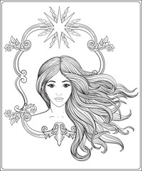 Young beautiful girl with long hair. Stock line vector illustrat