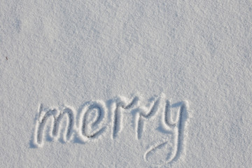 Snow-covered lake. Snow cover. Copy Space. text "snowy" written with finger