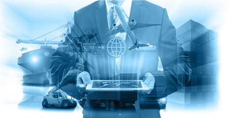 Logistics global technology transportation concept, Container Cargo ship and Cargo plane with working crane bridge in shipyard at sunrise, logistic import export and transport industry background