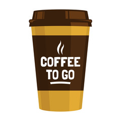 Disposable coffee cup flat illustration isolated on white background. Coffee to go. Decorative element for menu, ad, poster design. Vector eps 10.