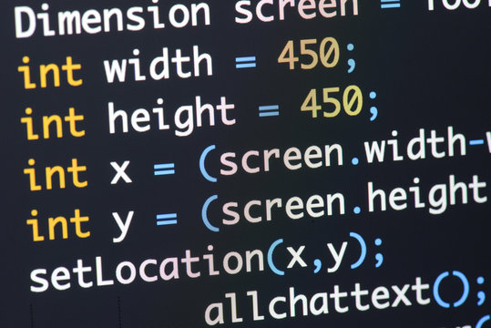 Real Java code developing screen. Programing workflow abstract algorithm concept. Lines of Java code visible .