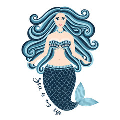 Mermaid. Hand drawn sea girl. Beautiful woman with tail. Marine summer design. Nixie with wild hair. Summertime. Poster, invitation, card, cover, banner, Vector, eps10