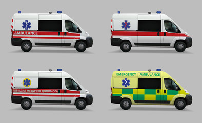 Emergency ambulance set. Special medical vehicles. Design of different countries of the world. Realistic image. Vector illustrations