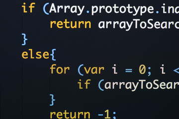 Real Java Script code developing screen. Programing workflow abstract algorithm concept. Closeup of...