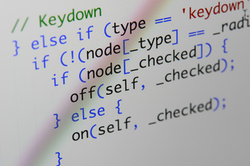 Real Java Script code developing screen. Programing workflow abstract algorithm concept. Closeup of...