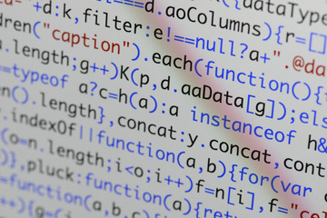 Real Java Script code developing screen. Programing workflow abstract algorithm concept. Closeup of...