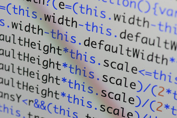 Real Java Script code developing screen. Programing workflow abstract algorithm concept. Closeup of...
