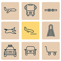 Obraz na płótnie Canvas Vehicle Icons Set. Collection Of Air Transport, Cargo Cart, Railway And Other Elements. Also Includes Symbols Such As Cargo, Bus, Seatbelt.