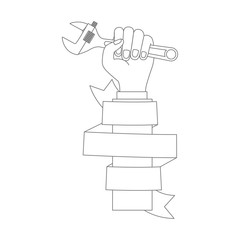 hand holding adjustable wrench with decorative ribbon around of arm monochrome silhouette
