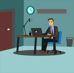 Determined businessman working on computer project looking at screen. Business man entrepreneur in a suit working at his office desk concept illustration vector. 
