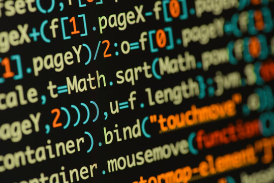 Real Java Script code developing screen. Programing workflow abstract algorithm concept. Closeup of Java Script and HTML code.